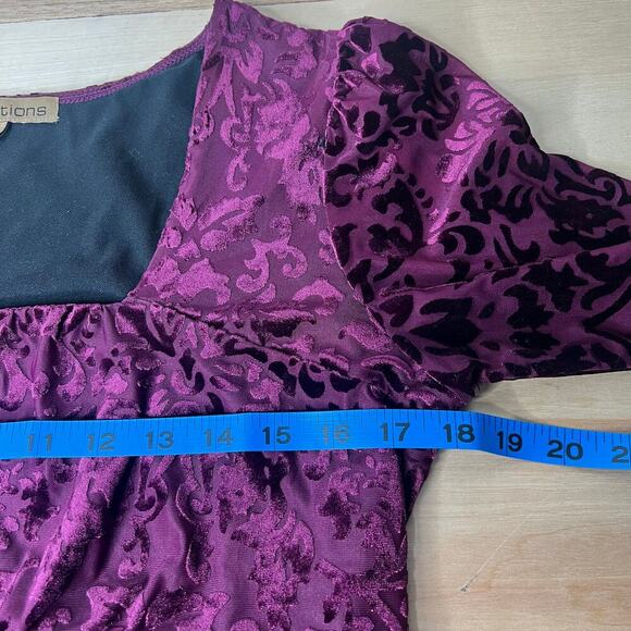 VTG Notations Burgundy Velvet Burnout Babydoll Top Size S Flutter Sleeve Y2K - Picture 10 of 12